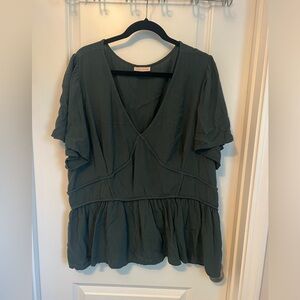 Dark Green V-Neck Ruffle Top